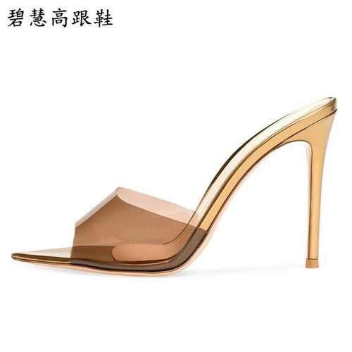 PVC透明水晶尖头细高跟凉鞋拖鞋