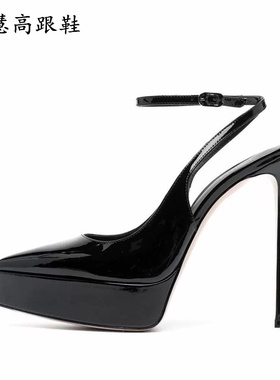 2025春夏新品14CM超高跟尖头防水台后空脚腕一字带细跟高跟鞋女鞋