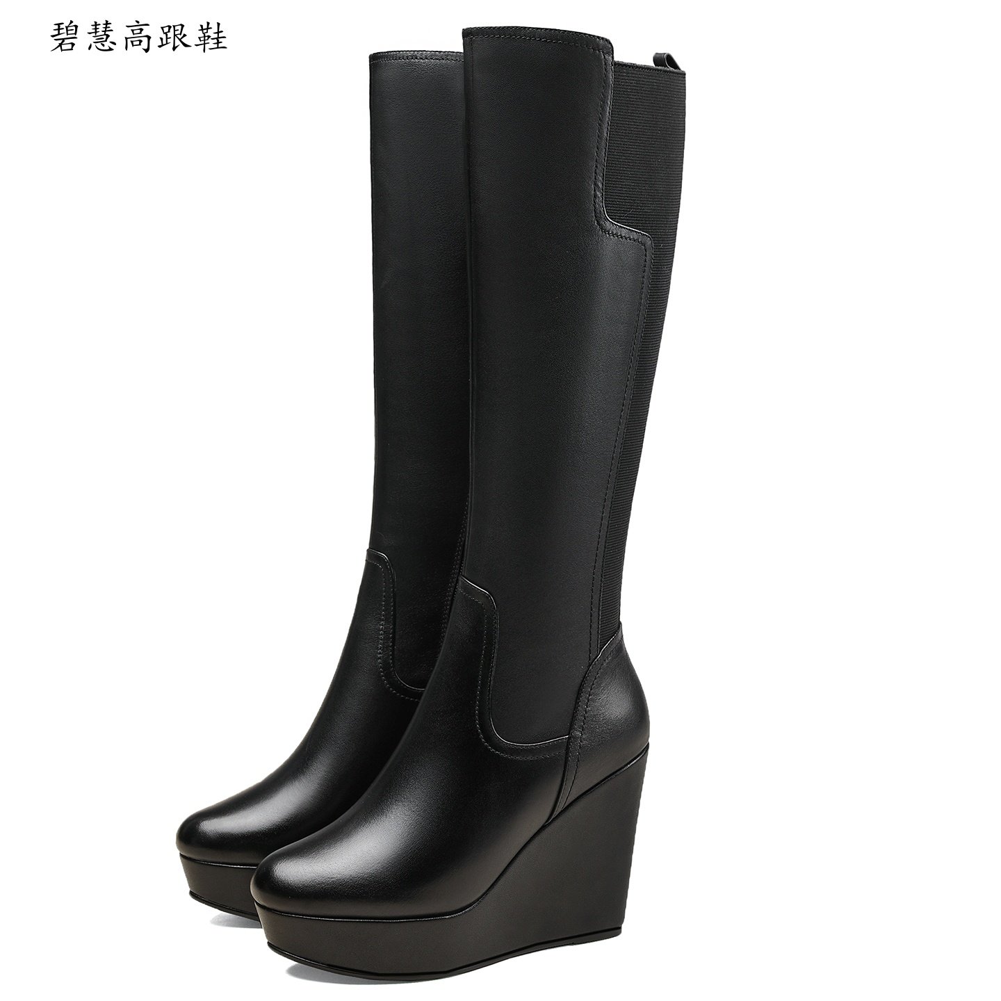 10.5CM坡跟防水台牛皮真皮女靴子
