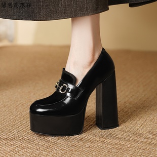 14CM粗跟加厚防水台恨天高高跟鞋小个子不累脚显高乐福鞋中口单鞋