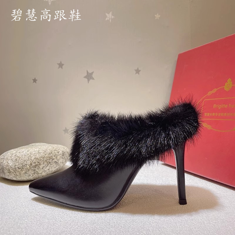 秋冬新款真皮穆勒鞋尖头高跟女鞋