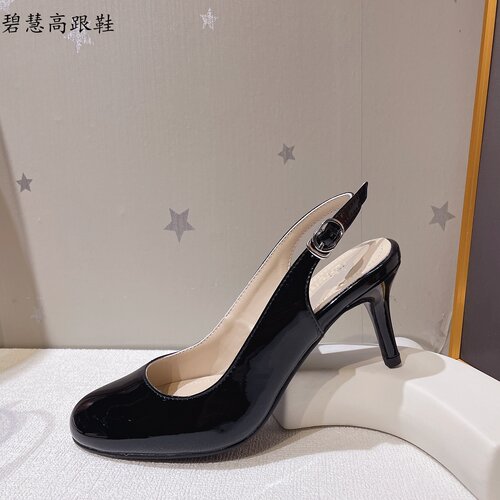 圆头细跟一字带高跟鞋真皮女鞋