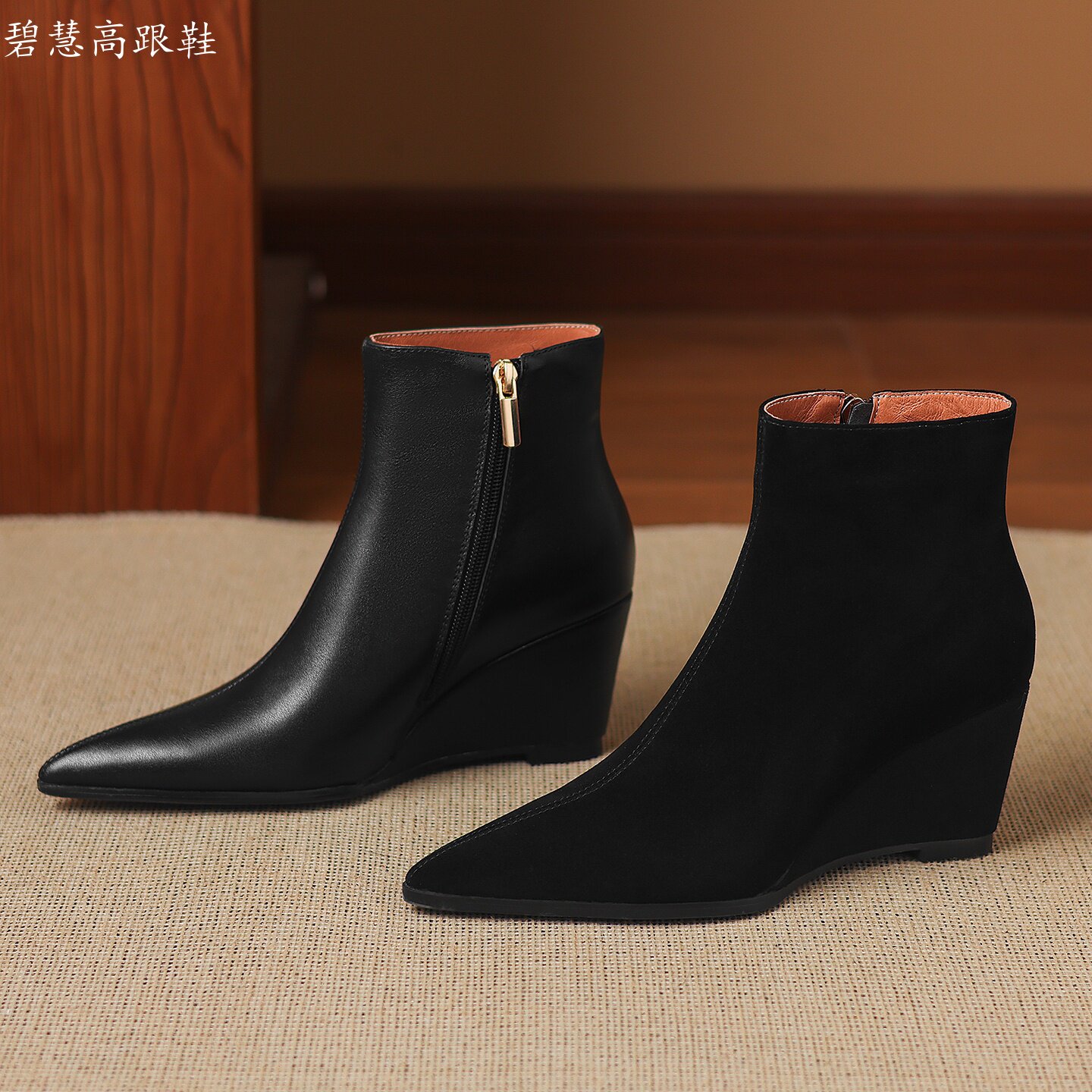 7CM尖头坡跟高跟靴短靴真皮女靴