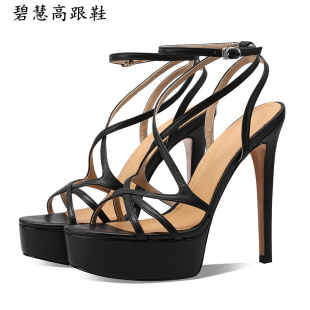 女鞋 2025春夏新品 13CM恨天高加厚防水台露趾一字带恨天高高跟凉鞋