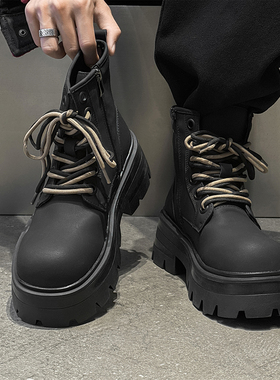 马丁靴男款2025新款冬季潮流英伦风高帮皮鞋男厚底增高黑色中帮鞋