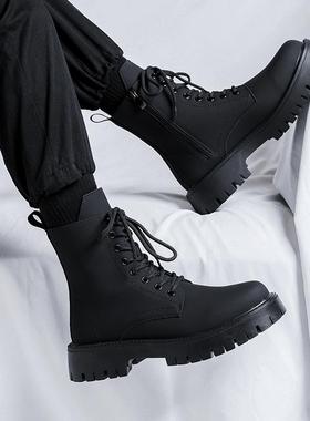 马丁靴男款英伦风黑色中帮皮鞋2025新款高帮厚底机车靴男士增高鞋