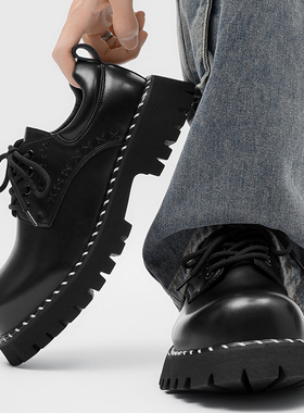 新款黑色厚底德比鞋男休闲皮鞋男系带大头鞋百搭低帮马丁靴高级感