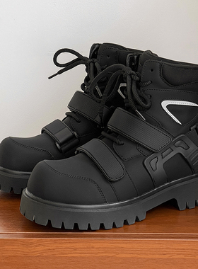 马丁靴男2025冬季新款美式魔术贴靴子原创小众厚底增高黑色机车靴