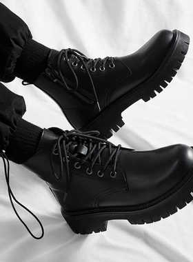 马丁靴男款冬季英伦风新款真皮黑色工装机车靴厚底增高中帮短靴子