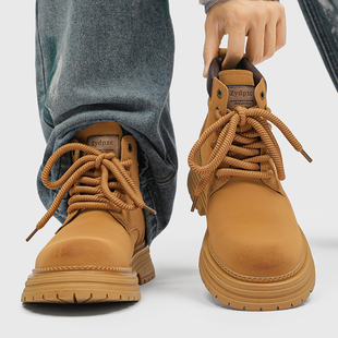 马丁靴男款秋冬季加绒英伦中帮户外复古厚底增高工装登山大黄靴男