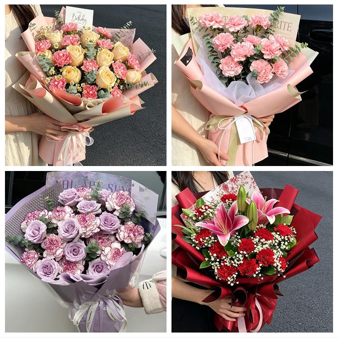 送上海市青浦区重固镇白鹤镇同城鲜花店送长辈康乃馨百合生日花束