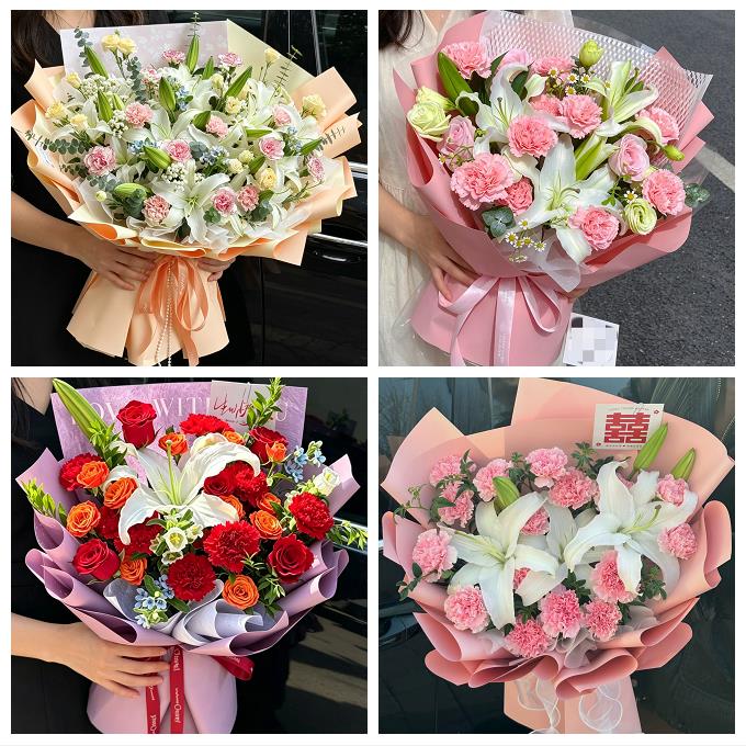 送青岛市即墨市平度市莱西市同城鲜花店送长辈康乃馨百合生日花束
