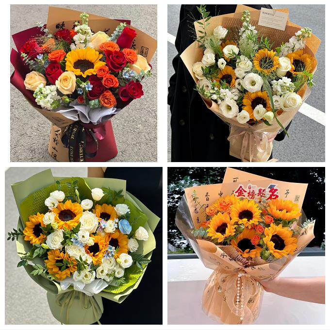 送济南市历下区市中区槐荫区同城鲜花店订玫瑰向日葵混搭生日花束