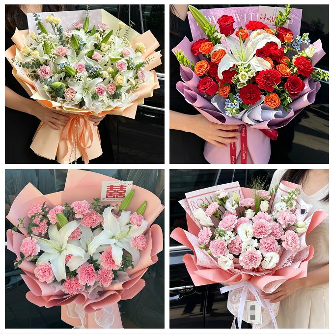 送枣庄市市中区薛城区峄城区同城鲜花店送长辈康乃馨百合生日花束