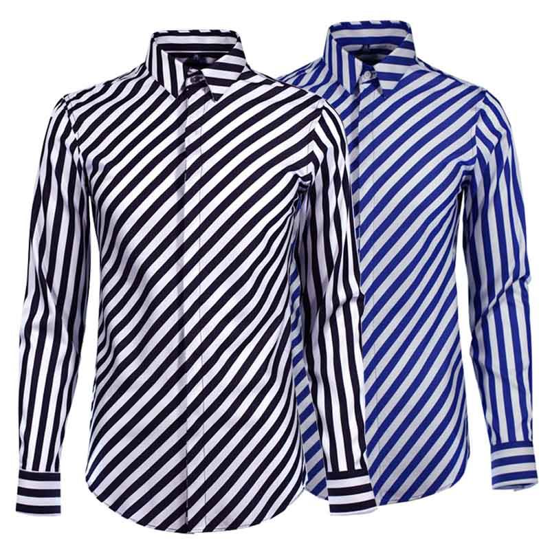 欧美新款黑白条纹衬衫男长袖修身天丝棉潮牌数码印花时尚百搭寸衣