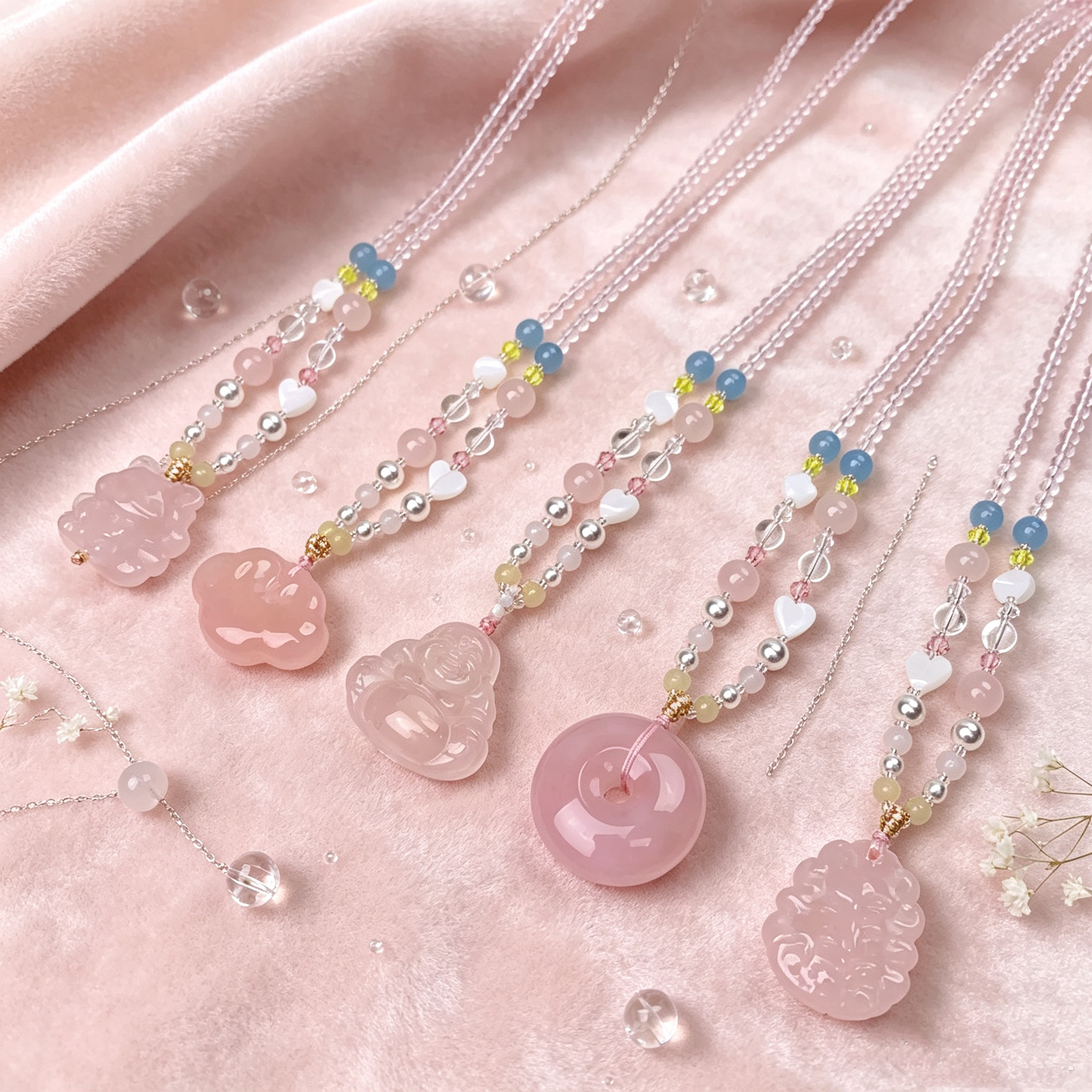 天然粉水晶佛公平安扣毛衣链女