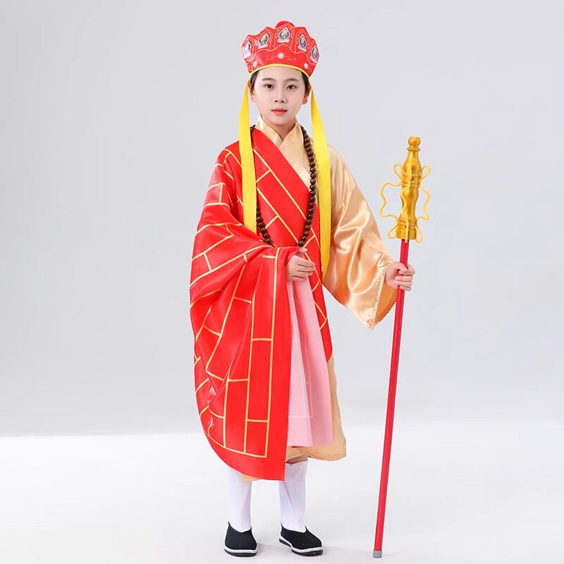 儿童唐僧全套服装西游记师傅唐玄奘兵器禅杖佛珠舞台表演出服套装 - 实物图