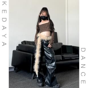 旦女团爵士舞表演出服 少儿新年元 潮酷女童豹纹露脐罩衣皮裤 套装