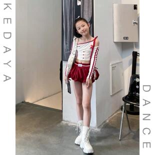 露脐甜辣上衣半身裙少儿女团爵士舞套装 甜酷女童美式 绑带T恤长袖