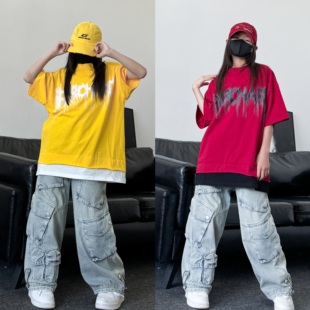 2025春夏新款男女儿童帅气假两件宽松短袖T恤嘻哈潮酷街舞上衣