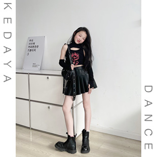 T恤防走光百褶裙皮裙女团爵士舞套装 甜酷女童修身 演出服 童装 新款