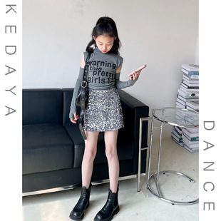 春秋新款童装甜酷女童韩版修身T恤银色亮片包臀短裙女团演出套装
