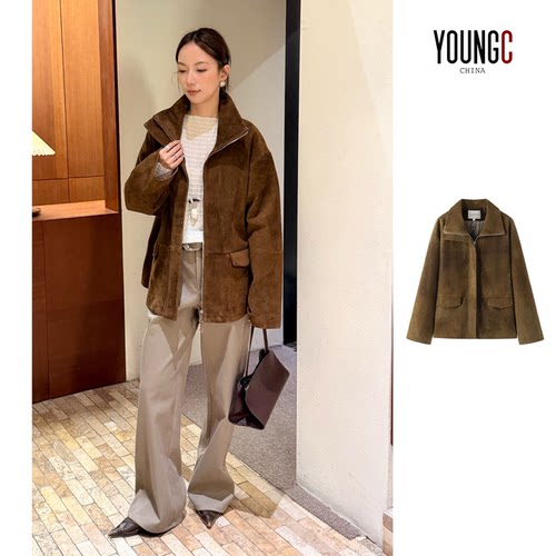 VIKTORIACHAN复古羊麂皮翻领夹克