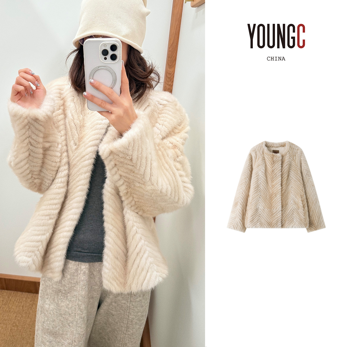 ICE DUST【人字纹圆领短款皮草】设计师品牌 no退可换