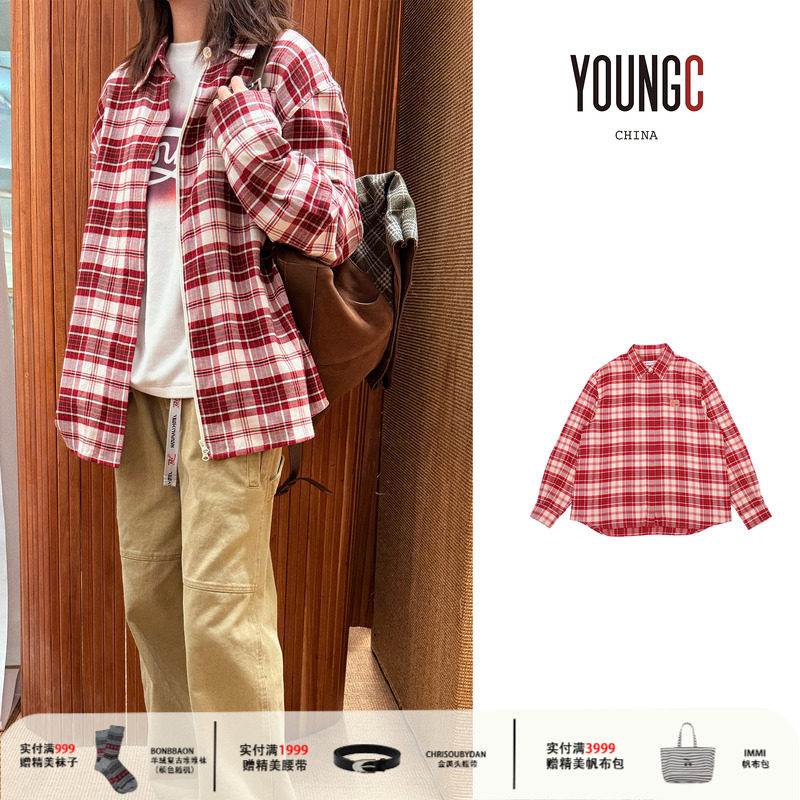 NATURAL HOTEL【红色大格纹宽松衬衫】设计师品牌 no退可换