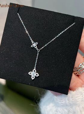 S925纯银四叶草项链女轻奢高颜值温柔双生花流苏锁骨链情人节礼物