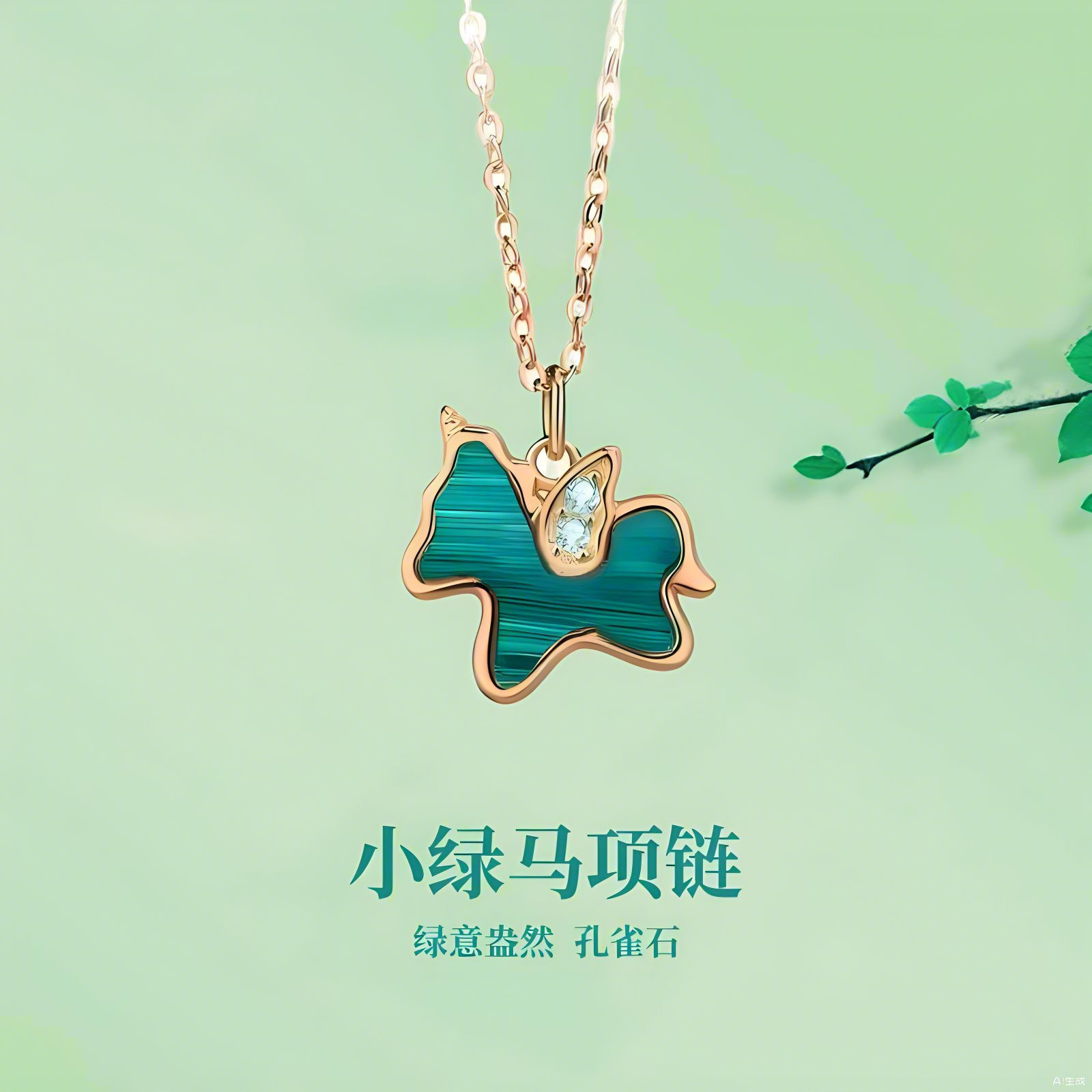 天然孔雀石独角兽银项链女