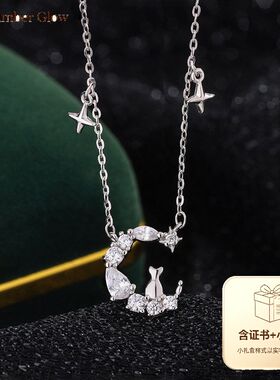 999足银月亮猫小清新项链女