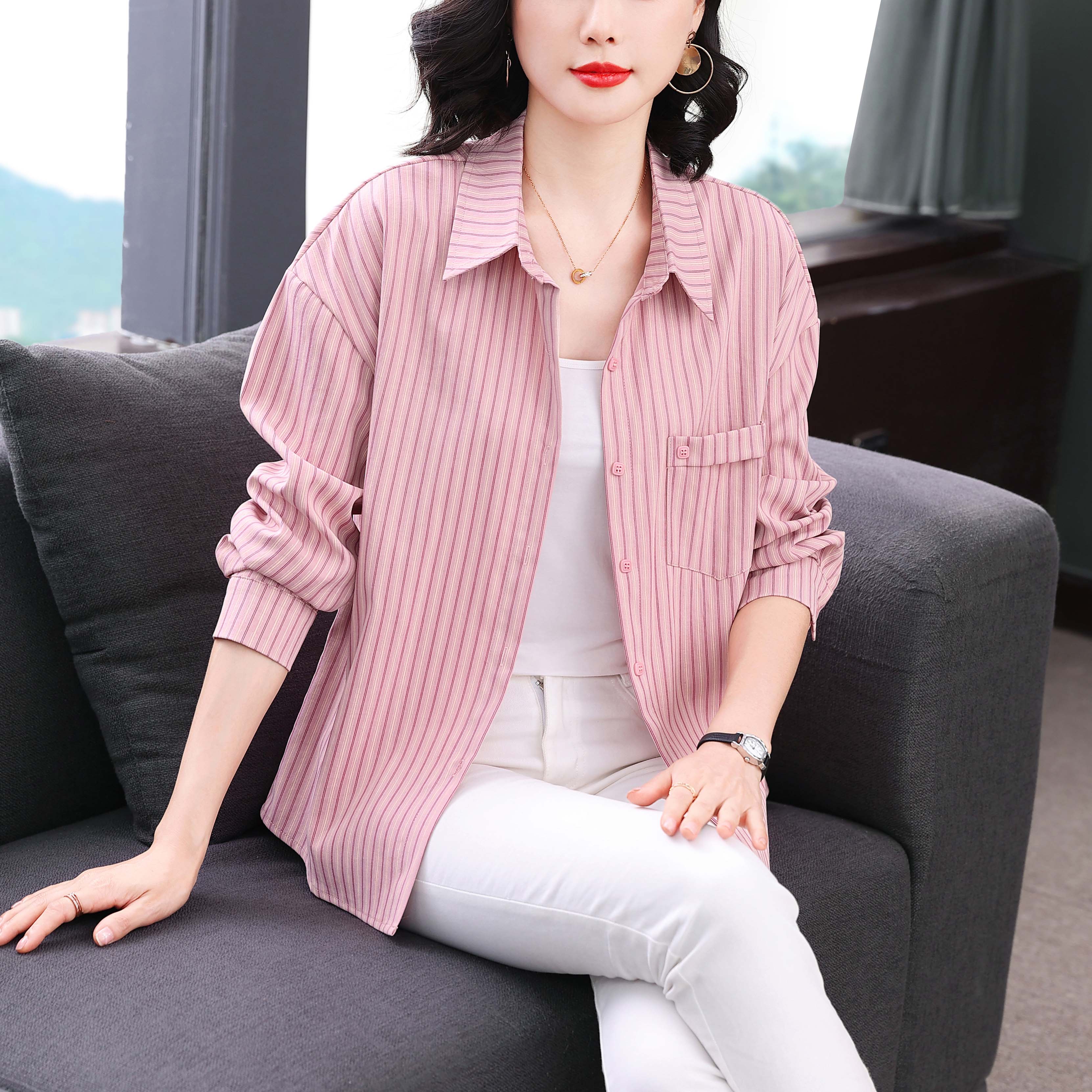 2026春装新款纯棉长袖t恤女中老年妈妈衬衫洋气短款上衣polo开衫