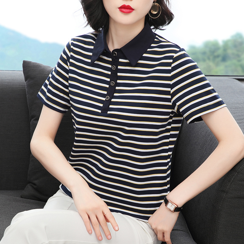 纯棉短袖T恤女妈妈条纹上衣服