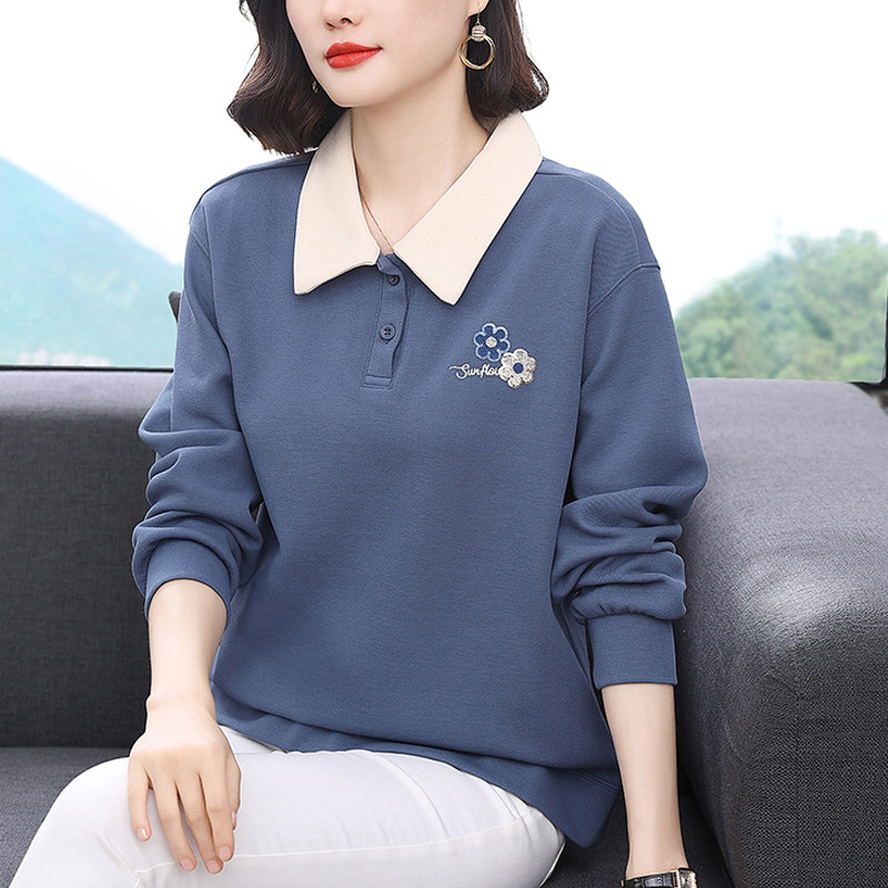 翻领长袖t恤女2026春秋装新款POLO领上衣中老年人妈妈休闲卫衣女
