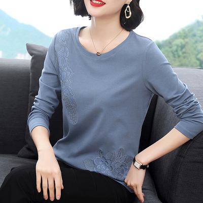 纯棉长袖t恤女春秋装新款宽松洋气打底衫中老年妈妈上衣秋衣外穿