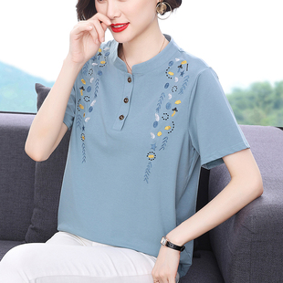 纯棉短袖 新款 妈妈装 t恤女2025夏装 洋气上衣服 中老年宽松大码 衬衫