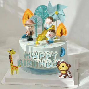 爷孙同乐儿童宝宝百天滑滑梯生日蛋糕树叶气球长颈鹿烘焙装饰奶奶