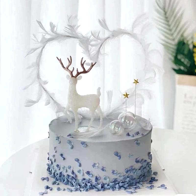 水晶鹿唯美羽毛条仙女花珠光丝带灯串小仙女蛋糕装饰摆件网红发光