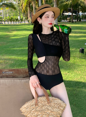2022新款蕾丝连体泳衣女黑色遮肚显瘦性感纯欲风泡温泉长袖游泳衣