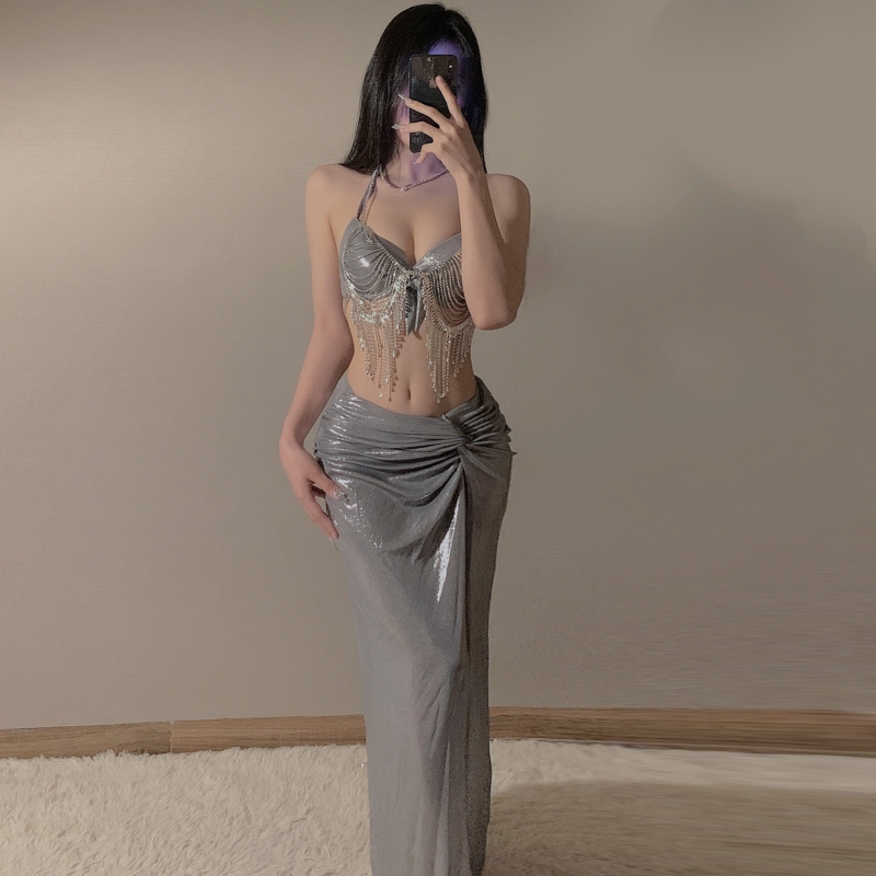 2024新款流苏罩衫亮闪闪泳衣女小胸钢托聚拢性感分体比基尼四件套