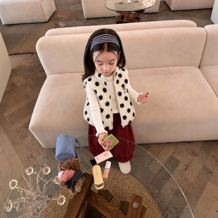 女童套装韩版儿童羊羔绒波点加厚马甲秋冬款宝宝毛衣小童加绒裤子