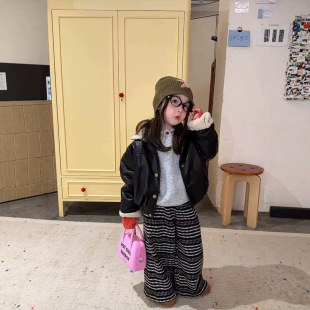秋冬款男女童装加绒加厚机车皮衣帅气儿童宝宝羊羔毛夹克棉服外套