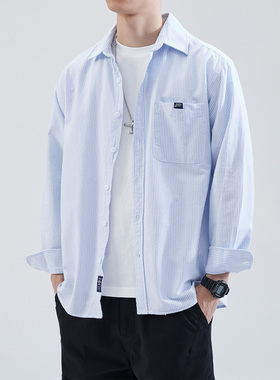 春秋季浅蓝色竖条纹长袖衬衫日系cityboy男士潮流宽松休闲痞帅衬