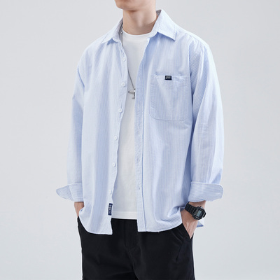 翻领长袖日系cityboy竖条纹衬衫