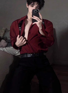禁欲系酒红色衬衫男痞帅dk制服高级感男装长袖衬衣西装内搭打底衫