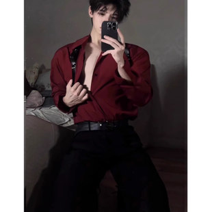 内搭打底衫 禁欲系酒红色衬衫 衬衣西装 男痞帅dk制服高级感男装 长袖