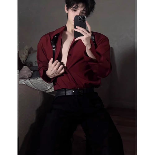 禁欲系酒红色衬衫男痞帅dk制服