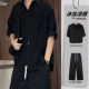 子一套搭配男装 黑色冰丝短袖 薄款 高级感痞帅休闲衬衣裤 衬衫 男夏季