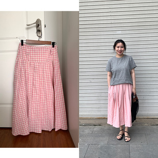 DecemberRush 半百褶半身裙 复古格子高腰a字型中长款